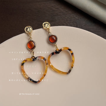 Gold Amber Bead Tortoise Heart Hoop Drop Earrings Matching Pair
