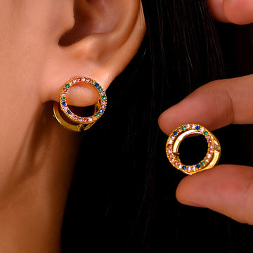 Double-Sided Circle Zircon Huggie Earrings Clear Multicolor