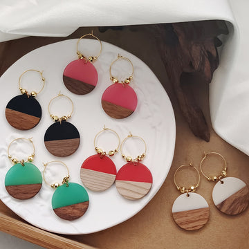 Round Wood and Resin Hoop Drop Earrings in Five Colors