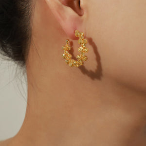 Gold Beaded C-Hoop Earrings Twisted Faceted Ball Chain