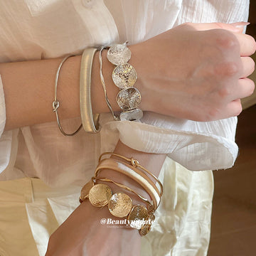 Irregular Disc Coil Twist Metal Open Bangle Set 4 Pcs 2 Tones