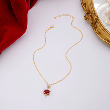 Gold Fox Pendant Necklace Red Gem Cabochon Charm Chain