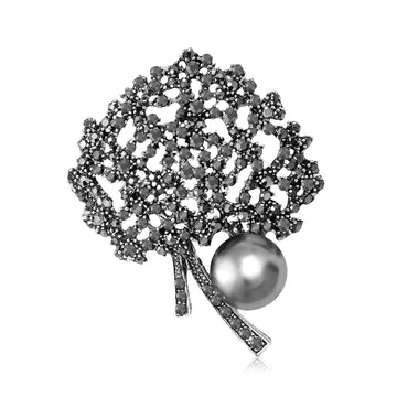 Dark Crystal Flowering Tree Brooch With Gray Pearl Accent
