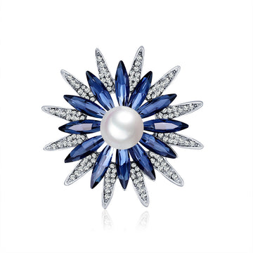 Blue Silver Tone Sunflower Crystal Pearl Look Two Designs Metal Brooch Pin