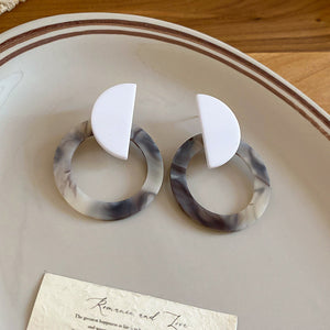 White Marbled Open Circle Resin Drop Stud Earrings