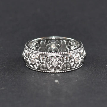 Silver Wide Filigree Floral Band Ring Clear Stones Sizes 6-10