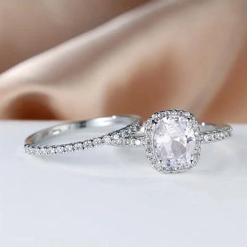 Silver Tone Cushion Halo Crystal Two Piece Ring Set