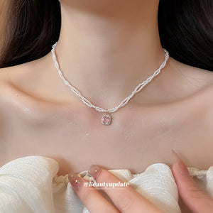White Beaded Necklace with Pink Crystal Pendant Two Styles