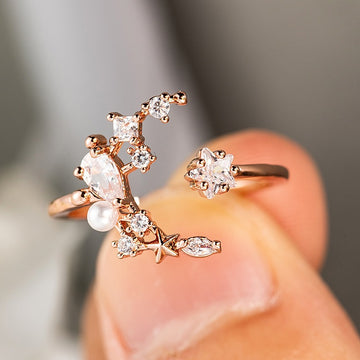 Open Moon Star and Pearl Ring in Two Metal Tones with Clear Crystal Details