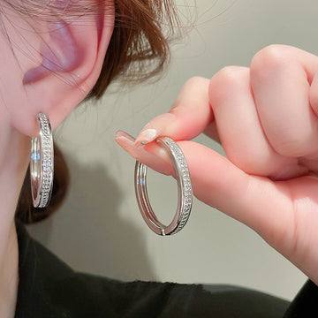 Silver Tone Large Channel Clear CZ Hoop Earrings Pair
