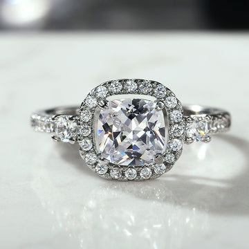 Silver Tone Cushion Clear Stone Halo Ring With Side Accents
