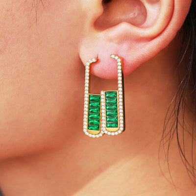 On-ear view of crystal long U earrings in main image 1.