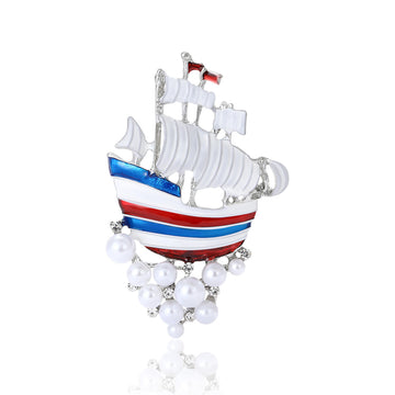Enamel Sailboat Brooch Red White Blue Pearl Drop Pin