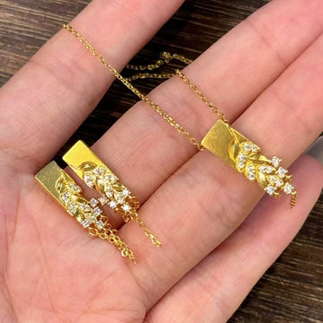 Gold-Tone Wheat Ear Zircon Tassel Necklace And Stud Earrings
