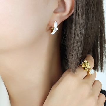 Yellow White Enamel C-Hoops Heart Zircon Gold Posts