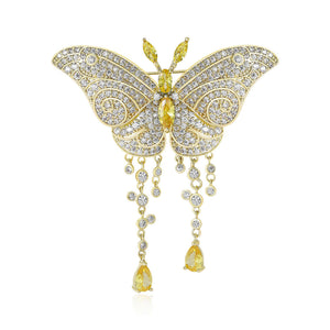 Crystal Butterfly Brooch with Two Beaded Tassels Clothing Pin