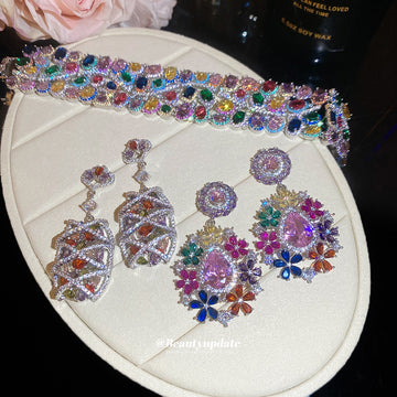 Multicolor Crystal Flower Drop Earrings And Wide Bracelet