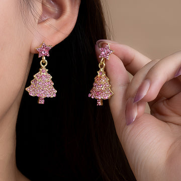 Pink Crystal Look Star and Holiday Tree Dangle Earrings