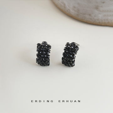 Black Crystal Pave Half Hoop Stud Earrings Dark Gunmetal