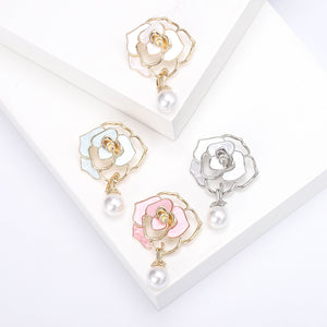 Camellia Pearl Drop Brooch Enamel Openwork Four Color Pin