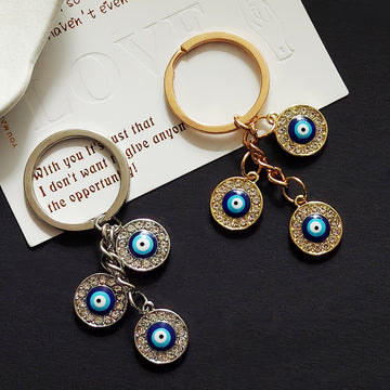 Triple Round Rhinestone Blue Evil Eye Keychains in Two Finishes