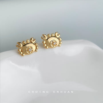 Gold Crab Stud Earrings Clear Crystal Coin Center Pair