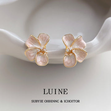Gold Tone Pink Pearlescent Five Petal Flower Clear Stone Stud Earrings