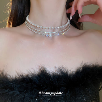Silver Multi Layer Pearl Rhinestone Crystal Accent Choker