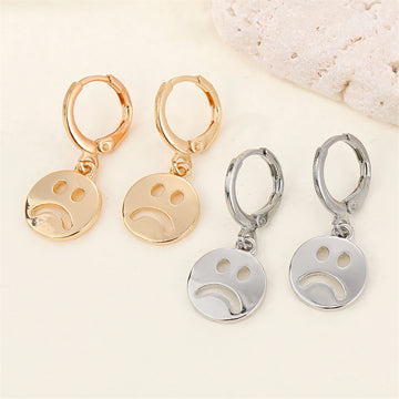 Frowning Face Huggie Drop Earrings in Gold and Silver Tone