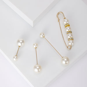 Gold Tone White Faux Pearl Pin Brooch Set Four Pieces