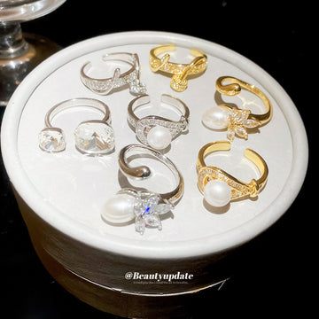 Pearl Clear Crystal Open Rings Gold Silver Seven Styles