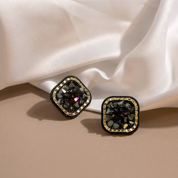 Black Mosaic Faceted Square Gold Tone Stud Earrings