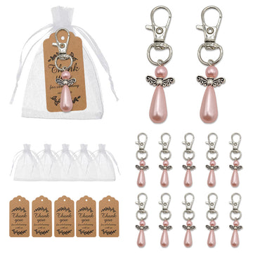 Pink Pearl Teardrop Angel Wing Silver Keychain Clip