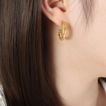 Gold Steel Textured Crescent Hoop Stud Earrings Dimple Finish