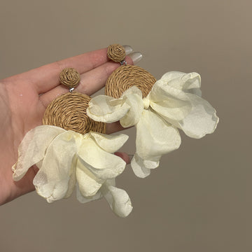 Raffia and Fabric Flower Statement Earrings in Two Colors