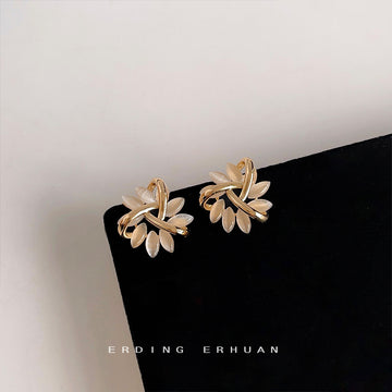 Gold Tone Ivory Enamel Interlocking Leaf Cluster Stud Earrings
