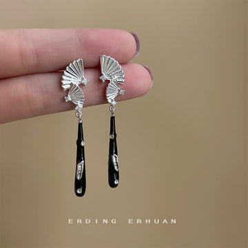 Silver Tone Fan Top Stud Earrings with Black Teardrop Drops