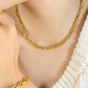 Gold Thick Curb Chain Necklace and Matching Bracelet Set