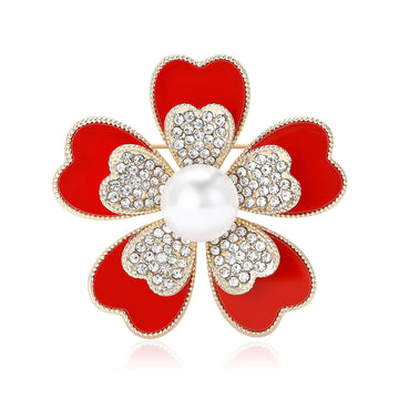 Five Petal Flower Brooch with Polished Metal and Decorative Accents