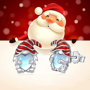 Silver Tone Santa Gnome Stud Earrings with Red Enamel Hats