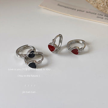 Silver Black Heart Enamel Huggie Hoop Earrings Pair