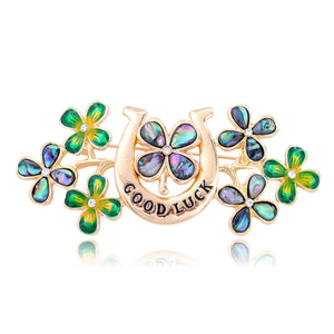 Gold-Tone Enamel Four-Leaf Clover and Horseshoe Good Luck Brooch