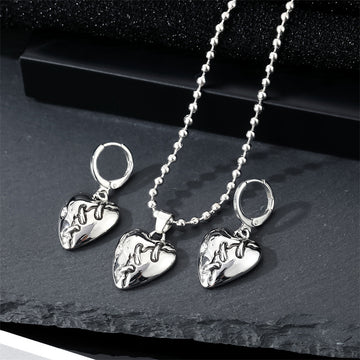 Silver Tone Cracked Heart Pendant Necklace and Huggie Earrings