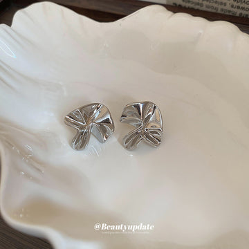 Silver Tone Folded Petal Textured Statement Stud Earrings