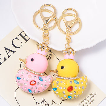 Crowned Duck Resin Keychain Multicolor Rhinestones Two Colors