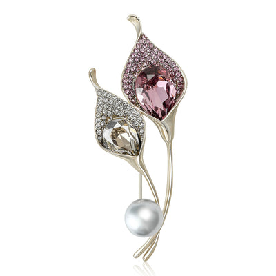 Twin leaf crystal drop brooch purple and champagne stones
