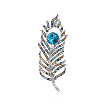 Silver Multicolor Rhinestone Peacock Feather Brooch