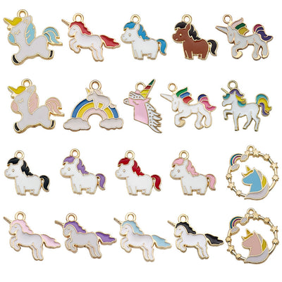 Colorful bird charms arranged on a light background