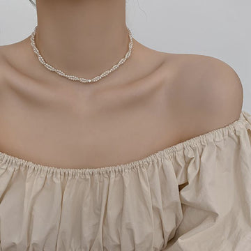 Gold Twisted Double Pearl Strand Choker Necklace Single Style