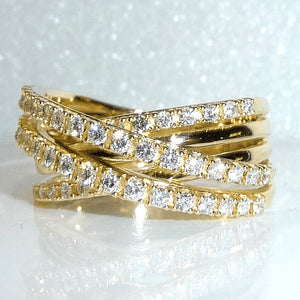 Gold Multi Band Crossover Pave Ring Clear Stones Sizes 6-10